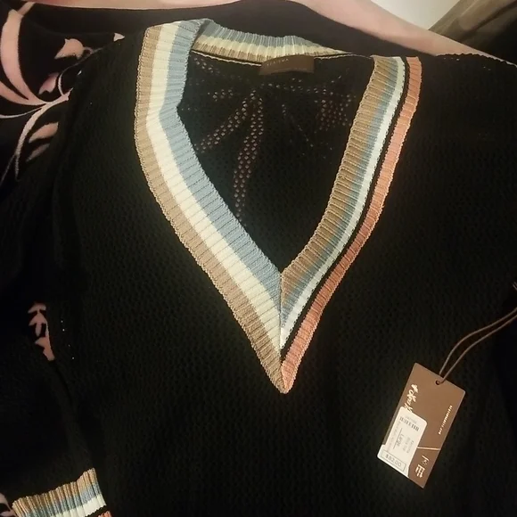 Nordstrom's KERISMA Rica Black Mesh Sheer Top. Earth Tones accent V-Neck - Picture 6 of 15